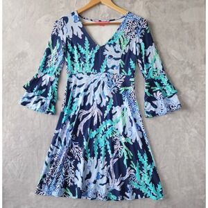 Lilly Pulitzer Dress Womens XS Raina Deep Indigo Swish Sway Tiered Bell Sleeve
